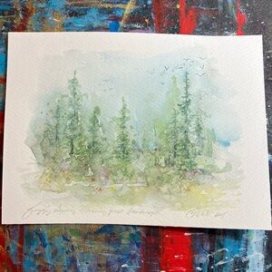 Landscape painting original tree forest art foggy wall decor handmade Artettina